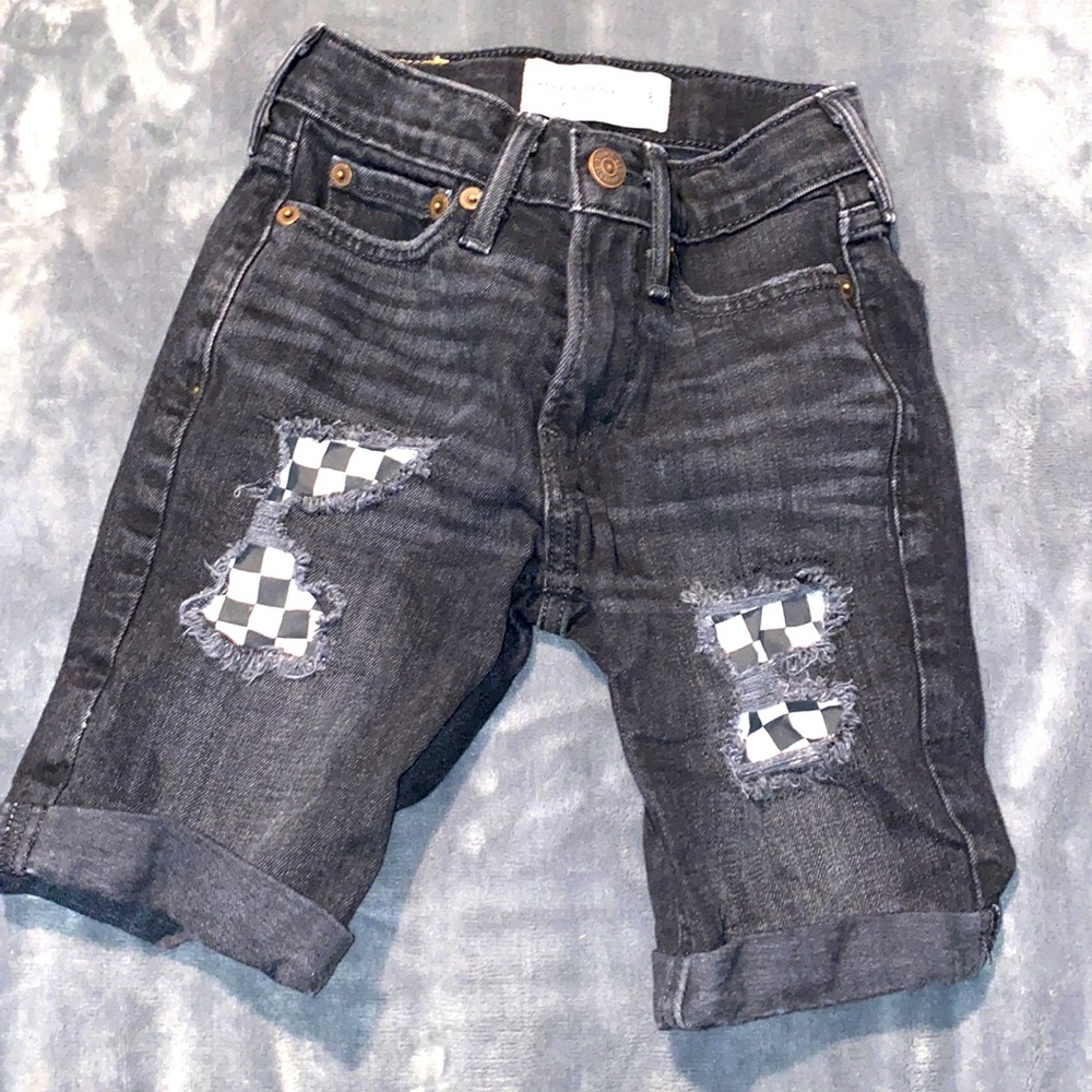 A&F boys Jean shorts with checkered patch work.